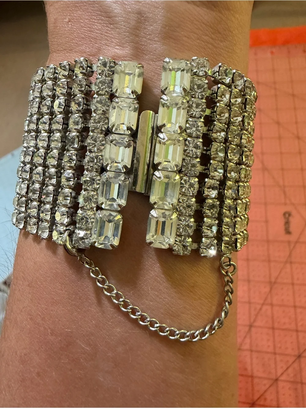 Vintage Rhinestone Wide Cuff Bracelet Clear Crystal Emerald Cut Safety Chain